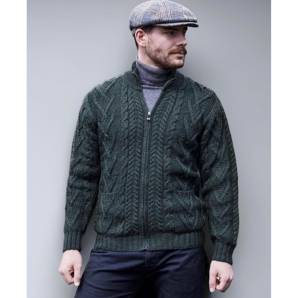 SAOL Ireland Mens L Green Aran Cable Knit Full Zip Cardigan Sweater 100% Merino